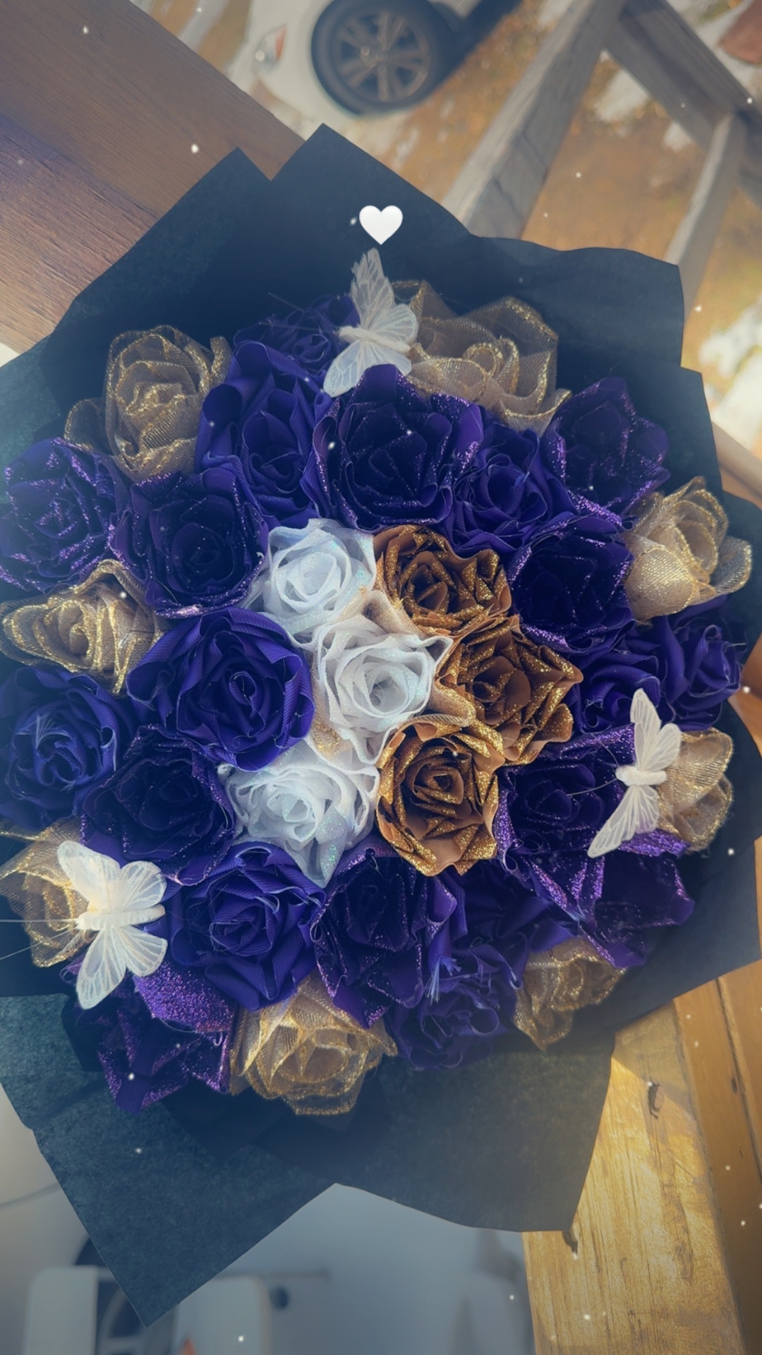 Purple gold and white custom floral arrangement with butterflies by K&J's Creations