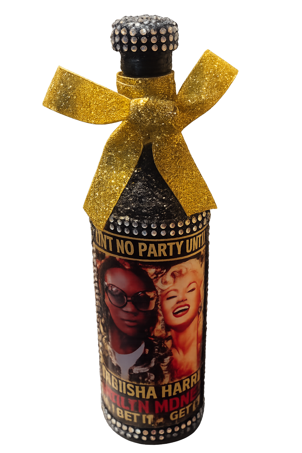Personalized black and gold birthday bottle with custom photo label by K&J's Creations