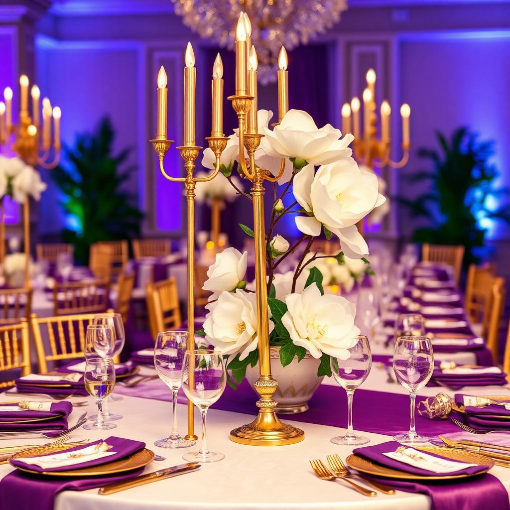 Purple and gold event tablescape styling